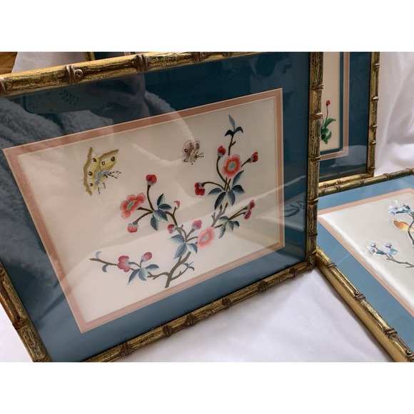 Set of 3 Vintage Chinese Silk Bird & Flower Paintings In Faux Bamboo Frames - Picture 7 of 14